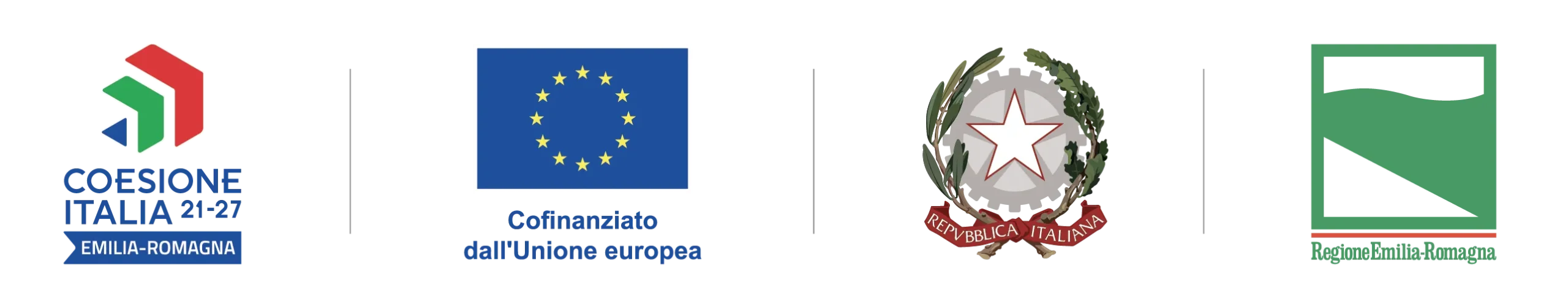 "Serie di loghi istituzionali relativi ai fondi di coesione per il periodo 2021-2027 in Emilia-Romagna. Presenti il logo di Coesione Italia 21-27, il simbolo dell'Unione Europea con la dicitura 'Cofinanziato dall’Unione europea', l'emblema della Repubblica Italiana e il logo della Regione Emilia-Romagna."