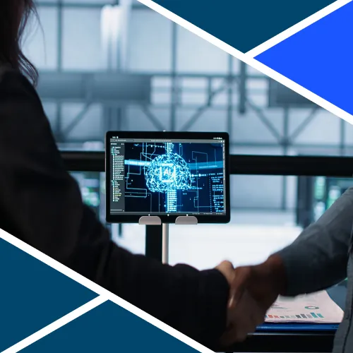 Avvocati si stringono la mano davanti a un monitor con cervello digitale: simbolo dell’integrazione tra diritto e intelligenza artificiale.