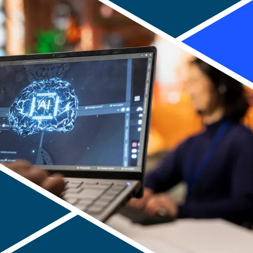 Schermo con grafica di un cervello digitale che rappresenta l’intelligenza artificiale in un ambiente di lavoro moderno