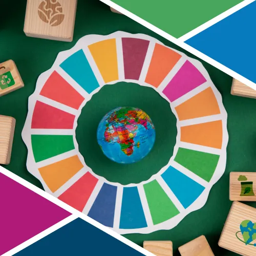 Cerchio multicolore con al centro il pianeta Terra, simbolo degli obiettivi di sostenibilità Agenda 2030 applicati all’impresa.