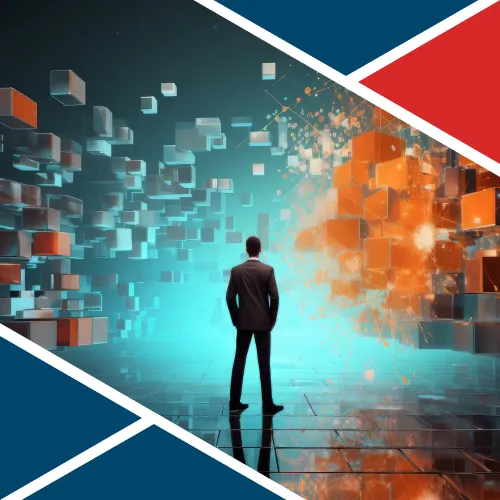 Uomo in giacca osserva una scena astratta con cubi digitali blu e arancioni che esplodono, simbolo della programmazione neurolinguistica applicata alla vendita.